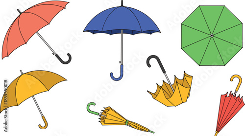 Set of colorful umbrellas in various positions including open closed and top view for rain protection weather and autumn season concept