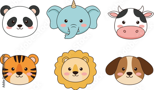 Cute animal face icons collection with panda elephant cow tiger lion and dog, kawaii cartoon vector set isolated