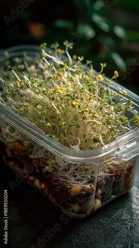 Wallpaper Mural microgreens, clear container filled with young, green sprouts featuring small yellow flowers sits on dark surface in blurred natural setting, suggesting freshness and growth, health, nature., springti Torontodigital.ca
