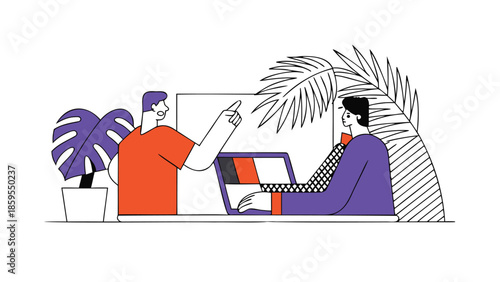 Two coworkers engaged in informal office chat with one pointing at laptop screen in modern workspace with plants