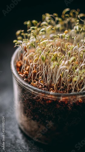 Wallpaper Mural microgreens, Small green seeds sprout in glass container with emerging roots against dark background, suggesting new beginnings, growth, and renewal, gardening themes, springtime Torontodigital.ca