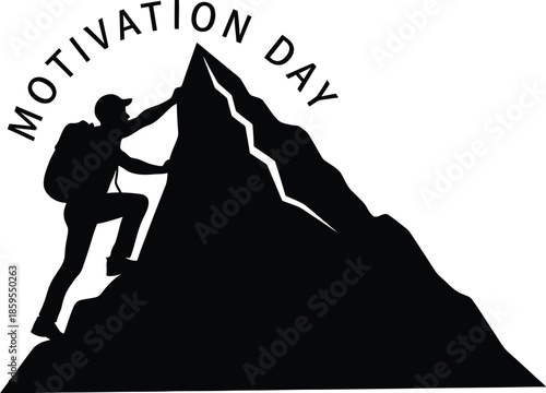 Silhouette of a determined hiker with a backpack climbing a sharp mountain peak against a white background celebrating motivation day concept