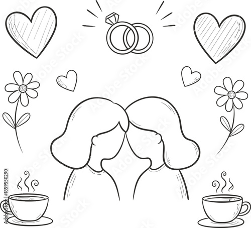 Line art illustration depicting a loving same-sex couple surrounded by hearts and rings