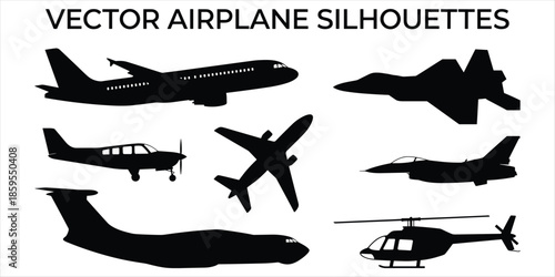 Diverse black silhouettes of aircraft including jet, propeller plane, and helicopter Keywords: airplane, aircraft, jet