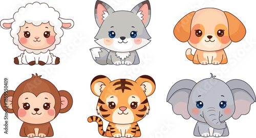 Cute baby animal characters collection with sheep wolf dog monkey tiger and elephant, kawaii cartoon vector illustration set