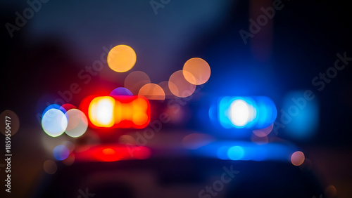 Blurred police lights in the dark blue
