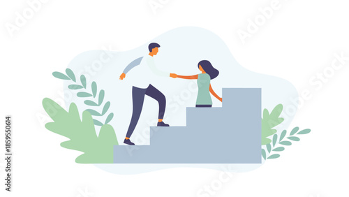 Man assisting woman across stepped platform with green plants in background