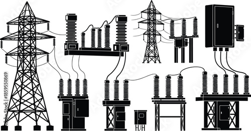Electrical substation equipment and power line towers with connecting wires Keywords: electrical substation, power line tower