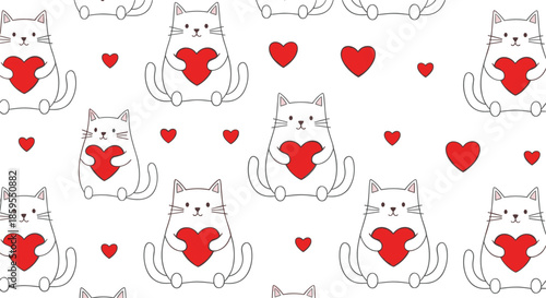 Cute cat holding heart seamless pattern, romantic kawaii cartoon pet background vector illustration for love and Valentine designs