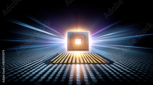 Futuristic biotechnology processor glowing with bright power on digital circuit grid