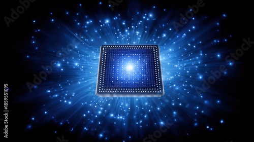 Futuristic biotechnology microchip glowing with powerful blue digital light