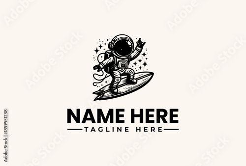 A black and white illustration of an astronaut surfing on a wave with stars, accompanied by placeholder text for a name and tagline on a clean background.