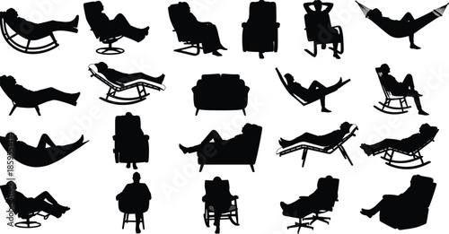 Relaxing chair and sofa silhouettes collection showing people resting reclining sleeping on armchairs hammocks loungers vector illustration set