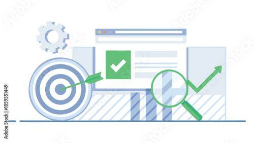 Minimal seo illustration showing search bar and successful optimization strategy with target and magnifying glass