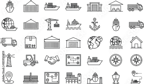 Logistics and shipping line icons set showing cargo transport warehouse port delivery global trade outline vector illustration collection
