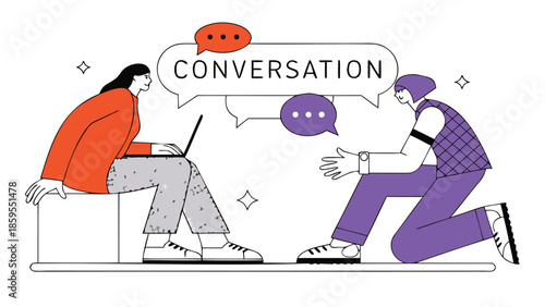 Office conversation scene with one person seated and another kneeling, engaged in discussion