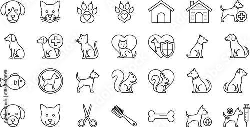 Pet care and animal line icons set showing dogs cats paws shelters grooming veterinary health outline vector illustration collection