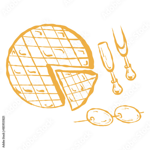 Cheese, utensils and olives, serving icons. Cheese fork and olive, charcuterie tools. Utensils for cheese, appetizer accessories