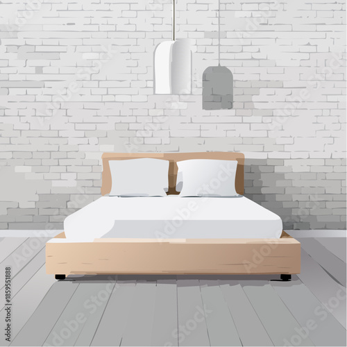 Modern Bedroom Interior With A Clean White Bed And Two Pendant Lights Hanging Above Against A White Brick Wall And Wooden Floor