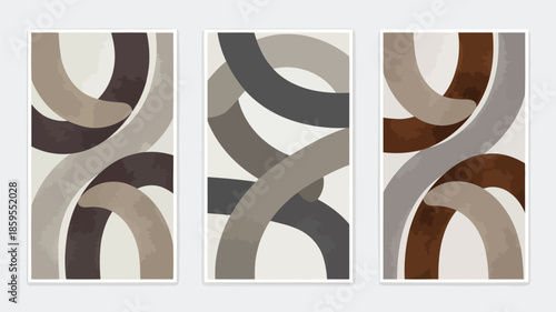 Three tall abstract panels composed of curved shapes in brown, gray, and beige on white background for interior design