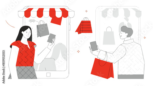 Online shoppers interacting with product cards on mobile devices for ecommerce shopping