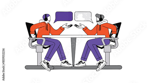 Two people seated side by side at a table engaged in a conversation with speech bubbles