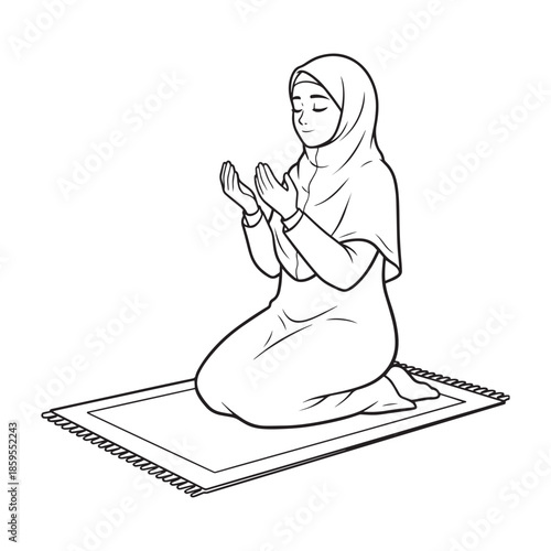 Muslim woman praying on prayer mat in serene and peaceful moment