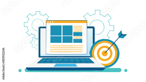 Laptop with search interface and dartboard symbol on screen with gears behind for business technology concept