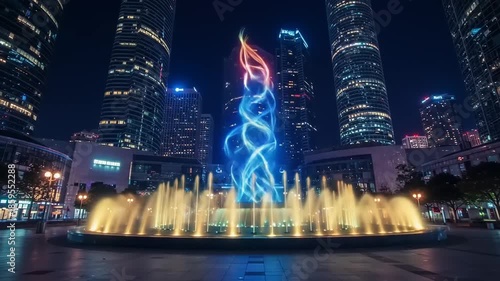 Spectacular Fountain Show Illuminates Modern Cityscape at Night.