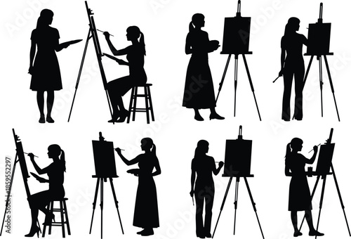 Female artist painting silhouettes collection showing women painters working at easels with canvas brushes creative studio vector illustration set