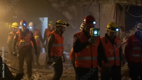 Rescue Team Navigates Debris in Dimly Lit Environment After Disaster.
