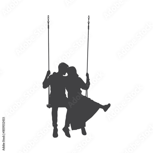 Illustration of silhouette of a romantic couple kissing on a swing, valentine love silhouette vector