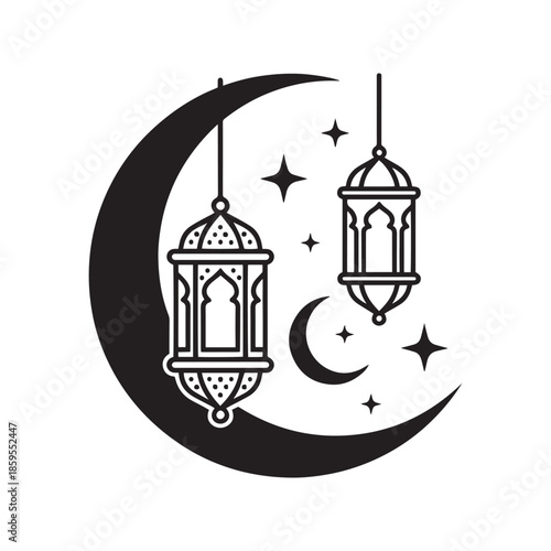 Elegant crescent moon with hanging lanterns and stars