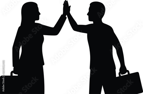 Business man and woman high five silhouette illustration, teamwork success celebration corporate partnership black vector concept
