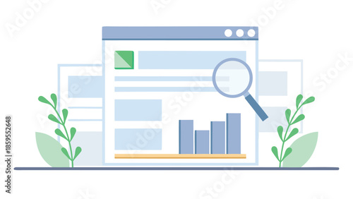 Search engine analysis scene with search bar and magnifying glass on a laptop screen with plants