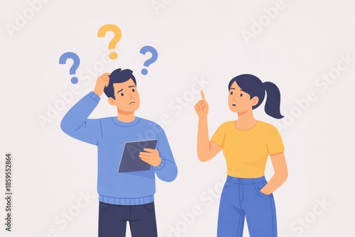 Digital illustration of a man looking confused while holding a tablet, and a woman pointing as if explaining something. Communication and problem-solving concept.