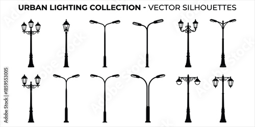 Vector Silhouettes of Various Urban Street Lamp Designs lamppost lamp post