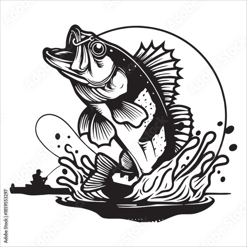 Bass Fish Jumping With Splash Circle Frame