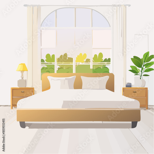 Cozy Bedroom Interior With Large Window And Arch Top Showing Green Trees And Sunlight Soft Light Illuminating A Bed With White Linens And Yellow Lamp On Nightstand