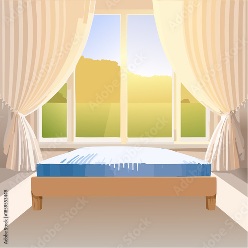 Bright Morning Sunlight Streaming Through Curtains Onto A Simple Bed In A Bedroom With A Large Window Overlooking Green Fields And Blue Sky