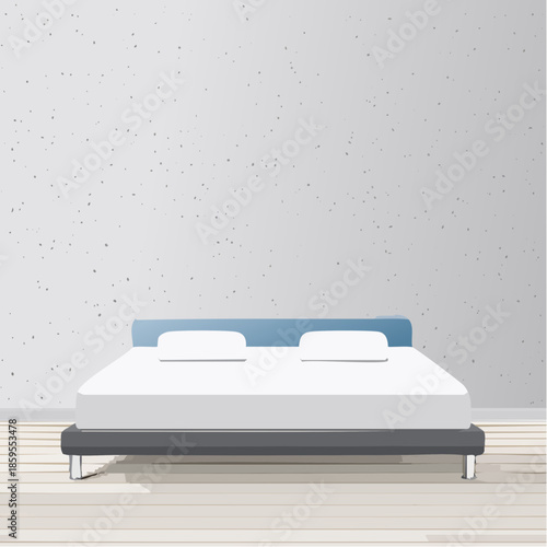 Modern Bedroom With A King Size Bed Featuring A Blue Headboard White Sheets And Two Pillows On A Light Wood Floor With Gray Speckled Walls And Soft Natural Lighting