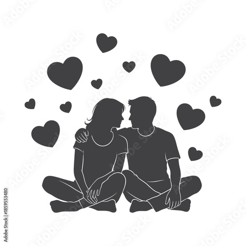 Illustration of vector illustration of a couple sitting together surrounded by hearts on, valentine love silhouette vector
