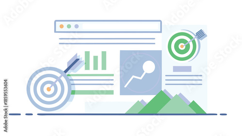 Illustration of seo discovery with floating search bar and target analytics graphs