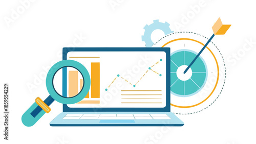 Seo planning scene with laptop and magnifier on screen showing graphs, charts and target with arrow hitting bullseye
