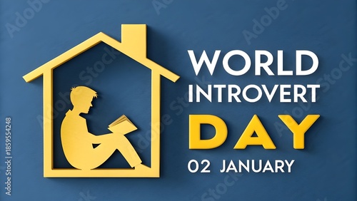 World introvert day celebration graphic with silhouette of person reading inside a house icon on blue background