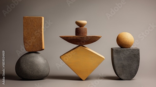 Minimalist Zen Balanced Stone and Wood Sculpture