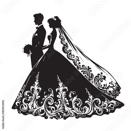 Black Bride and groom in full wedding attire Silhouette Vector, High Quality Illustration on White Background
