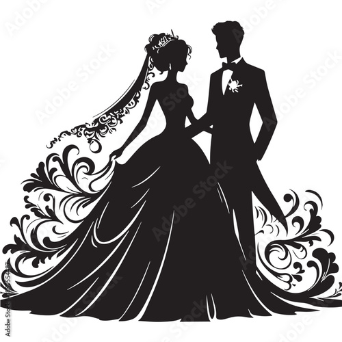 Black Bride and groom in full wedding attire Silhouette Vector, High Quality Illustration on White Background