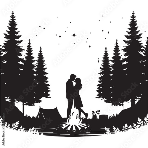 Black Campsite Romance Silhouette Vector, High Quality Illustration on White Background