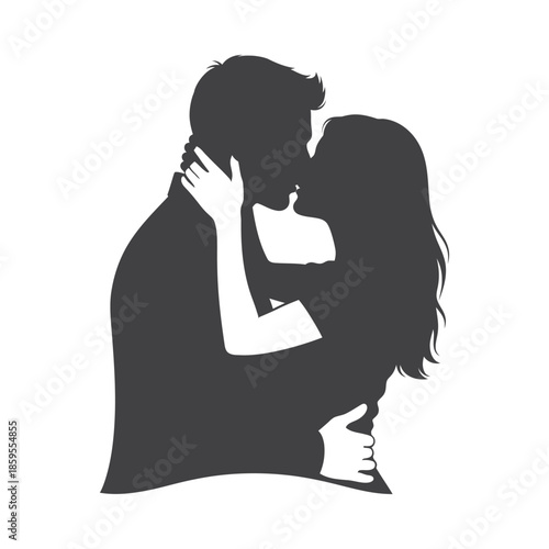 Illustration of silhouette of a romantic couple sharing a tender kiss, valentine love silhouette vector